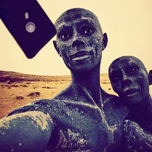 Image similar to “ our humanoid descendants in the year 2 2 0 0 taking a selfie on their sci - fi planet, award - winning details ”