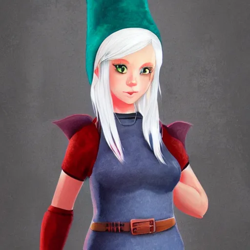 Prompt: concept art of real life gnome girl with white hair and red pointy hat in the style of wool and sakimichan and Ross Tran