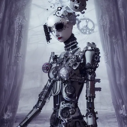 Prompt: female gothic robots with transparent head with mechanical brain, detailed decorated broken porcelain face, sensual pose, full body, dressed in white intricate lace and jewels, epic environment, matte painting, diffused lighting, highly detailed, cinematic, epic atmosphere, digital art, trending on artstation, wide angle