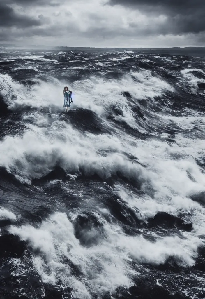 Image similar to fashion editorial in front of a giant tsunami wave. wide angle shot. highly detailed.