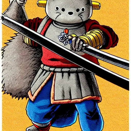 Image similar to Akira Toriyama’s original design for the beloved anthropomorphic beaver, who is also a medieval holy crusader knight, holding enormous sword