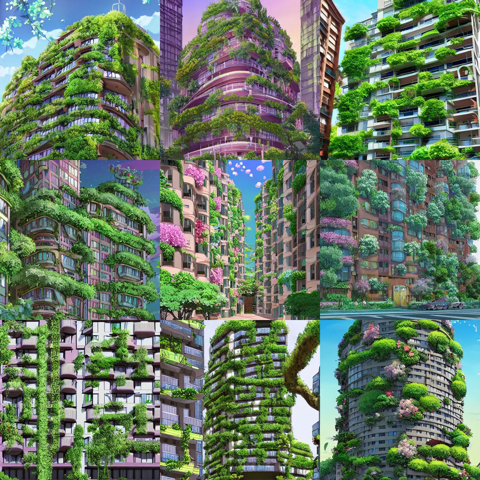 Prompt: A beautiful apartment building arcology with dangling vines, lush flowers, flower boxes in the style of Studio Ghibli, Madhouse animation, made in abyss