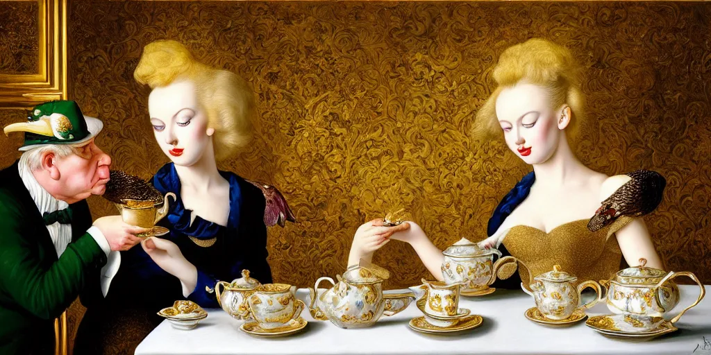 Image similar to a blonde and a mallard and a pig having tea at the ritz, abstract oil painting by gottfried helnwein pablo amaringo raqib shaw zeiss lens sharp focus high contrast chiaroscuro gold complex intricate bejeweled