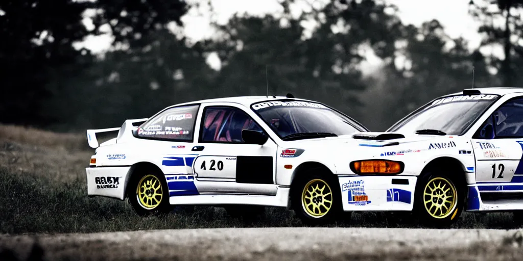 Image similar to photograph, rally car, 1999 subaru WRX, cinematic, 8k, depth of field, bokeh.