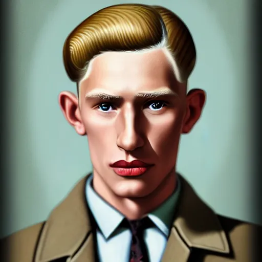 Prompt: A Hearts of Iron IV portrait of a blond young English male actor with high cheekbones. Dressed in 1940s style. Highly detailed, fine Art, high detail, great lighting, 8k resolution, masterpiece, concept art, illustration, clear eyes, painting oil on canvas, octane render, HDR, trending on artstation, 4k, 8k, HD