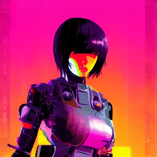 Image similar to a highly detailed full body portrait of a cyborg ninja by ilya kuvshinov in synthwave style with a cyberpunk colorful background with brokeh effect