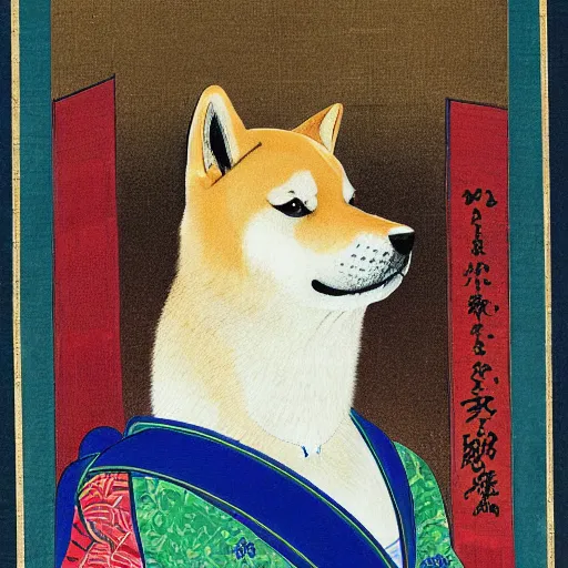 Prompt: portrait of shiba inu dog as japanese emperor, japanese painting 1 4 0 0