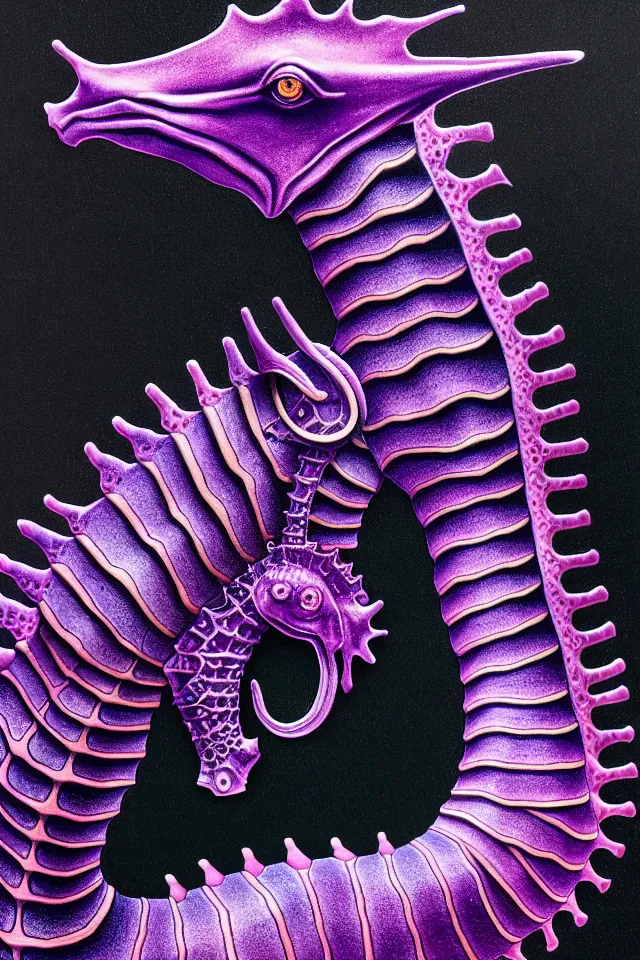Prompt: a close - up portrait of a purple ornate seahorse statue, black paper, billions of details, beautiful intricate painting by kokaris