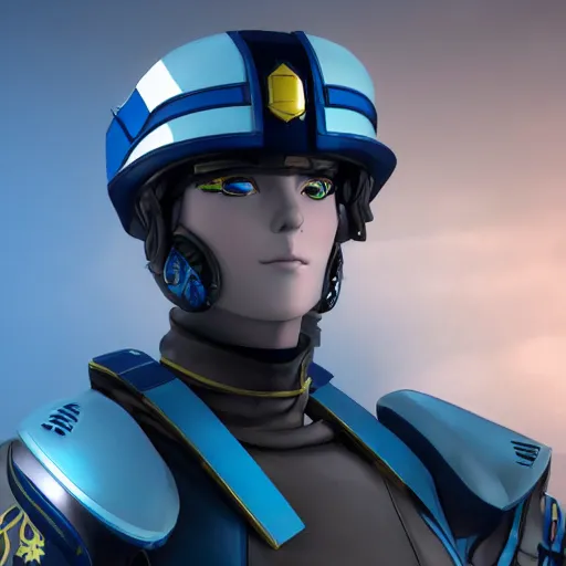 Image similar to a futuristic soldier captain with a metal visor and a blue shoulderpad in anime style