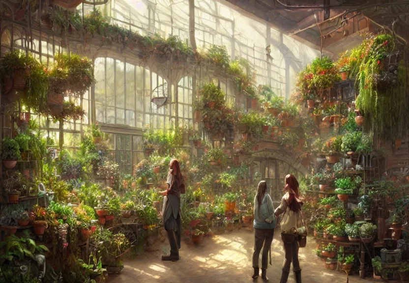 Prompt: a cozy plant shop, a fantasy digital painting by Greg Rutkowski and James Gurney, trending on Artstation, highly detailed