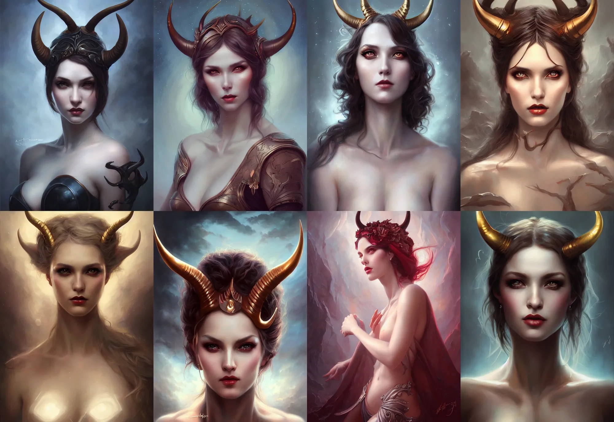 Image similar to a beautiful woman with horns, painted by artgerm and tom bagshaw, fantasy art, dramatic lighting, highly detailed oil painting