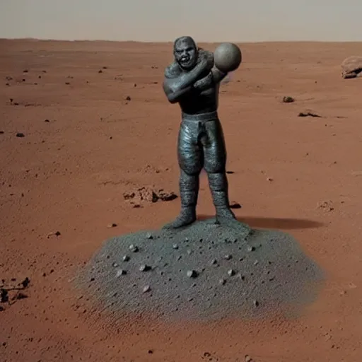 Image similar to a statue of mike tyson on mars, with earth as a little dot in the background in space.