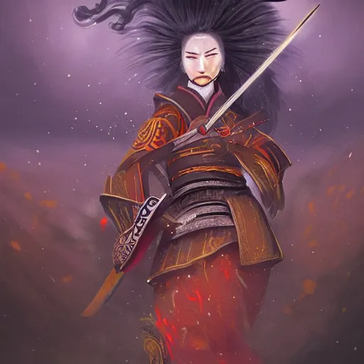 Prompt: a tarot card of a female samurai, flaming katana, ominous nighttime storm, fantasy, d & d, intricate, elegant, highly detailed, digital painting, artstation, concept art, matte, sharp focus, illustration