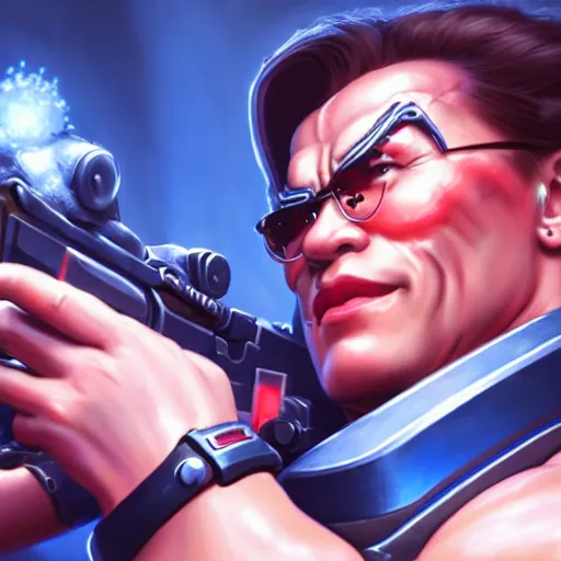 Image similar to a screenshot of arnold schwarzenegger as mei shooting frost gun in overwatch, portrait, fantasy, beautiful face, vivid colors, elegant, concept art, sharp focus, digital art, hyper - realistic, 4 k, unreal engine, highly detailed, hd, dramatic lighting by brom, trending on artstation