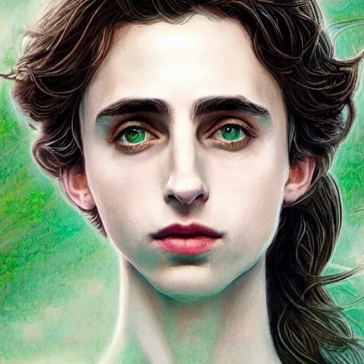 Prompt: Timothy Chalamet as Galadriel, ethereal, half-body portrait, Lord of the Rings, fantasy, portrait, highly detailed, digital painting, artstation, concept art, sharp focus, illustration, art by artgerm and greg rutkowski and magali villeneuve, white and green color scheme