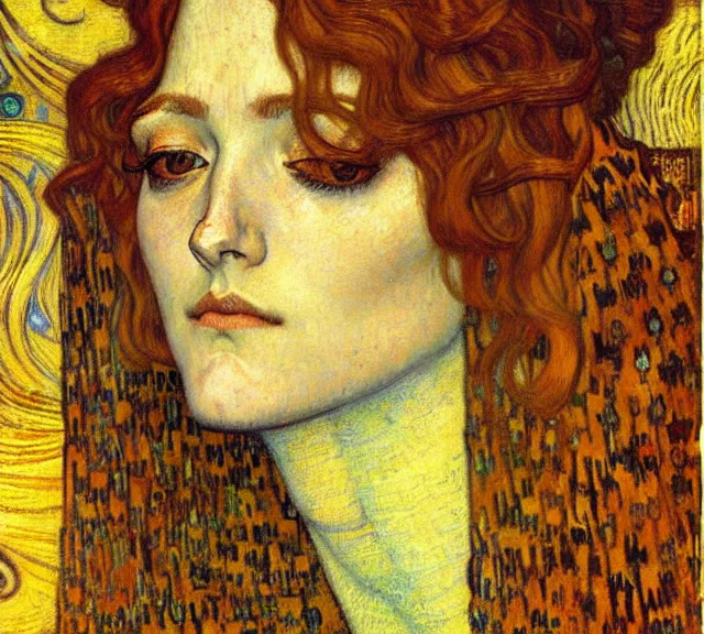 Image similar to detailed realistic beautiful young medieval queen face portrait by jean delville, gustav klimt and vincent van gogh, art nouveau, symbolist, visionary, gothic, pre - raphaelite, muted earthy colors, desaturated