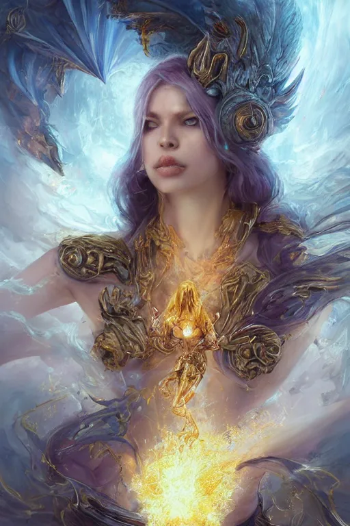 Prompt: beautiful cursed girl sorcerer transforming into crystals and golden dragon skin, casting magic spell, angel, fantasy, magic the gathering, hyper detailed, 3 d render, hyper realistic detailed portrait, peter mohrbacher, wlop, ruan jia, luis royo