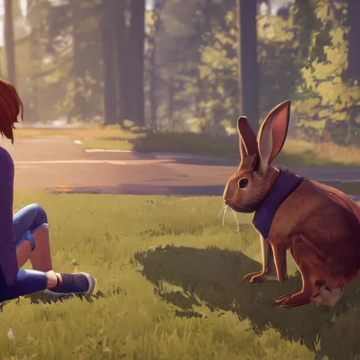 Prompt: A rabbit in Life Is Strange talking with Chloe and Max