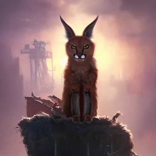 Prompt: giant cute fluffy caracal floating in the sky above the port was the color of television tuned to a dead channel, neuromancer, painted by greg rutkowski, painted by igor kieryluk, high detail, dramatic light, digital art, trending on artstation