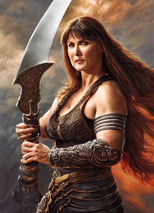 Prompt: Lucy Lawless as Xena as a ruggedly handsome hero holding an enormous large dual wielding sword, intricate, elegant, highly detailed, centered, digital painting, artstation, concept art, smooth, sharp focus, illustration, artgerm, donato giancola, Joseph Christian Leyendecker, WLOP, Boris Vallejo, Artgerm