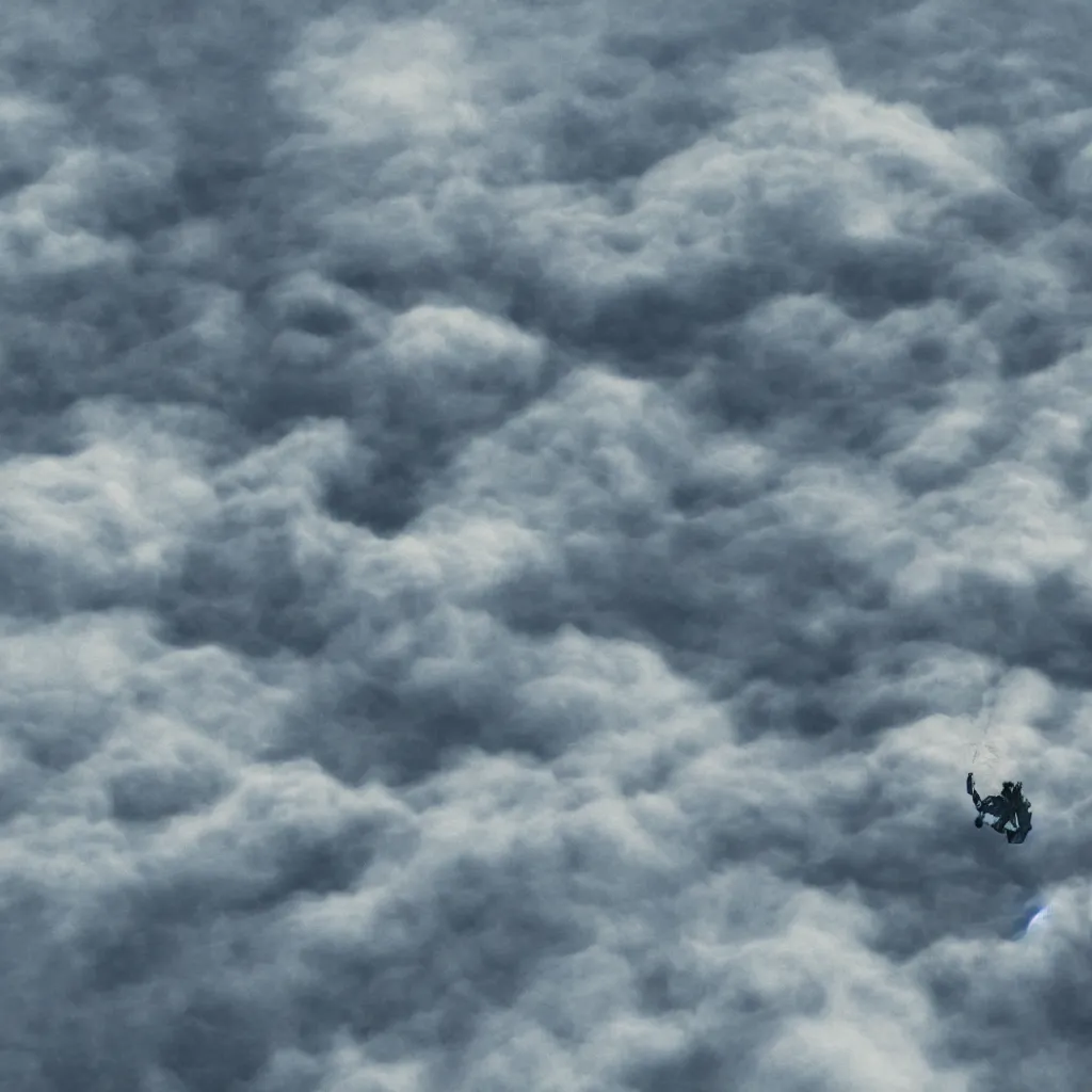 Image similar to a scubadiver floating above the clouds, closeup, digital illustration