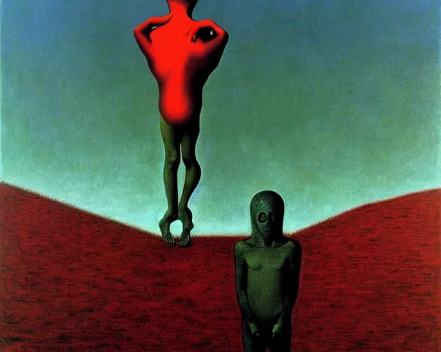 Image similar to learning to be dead by Magritte, Beksinski, and Keith Haring