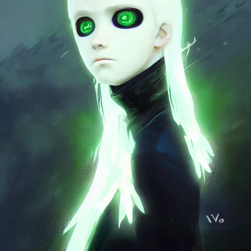 Image similar to a 14 year old teenage ghost boy with pale skin white hair and glowing green eyes. Wearing a black spandex suit. White breath showing in the cold air. Kuvshinov ilya. Ruan Jia. By Greg Rutkowski