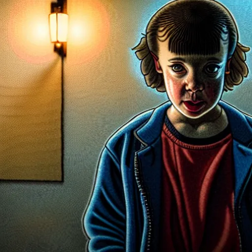 Prompt: a scene from stranger things, portrait, dark, with a surprised man, detailed face, with something scary in the background, like greg rutkowski and victo nagi