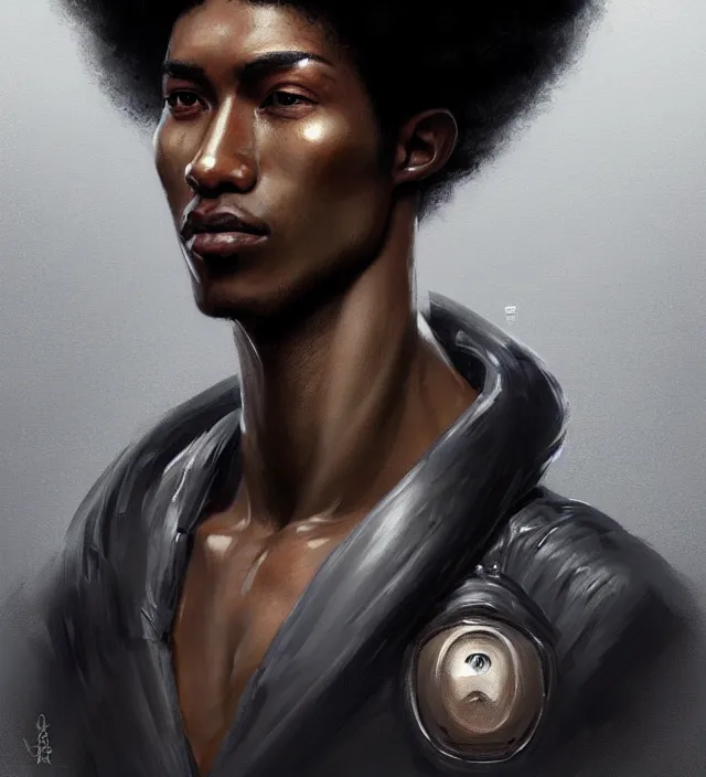 Prompt: portrait of a man by greg rutkowski, he is about 2 5 years old, mixture between afroamerican and japanese, afro hair, geisha tatoos, very tall and slender, he is wearing a futuristic police gear, highly detailed portrait, digital painting, artstation, concept art, smooth, sharp foccus illustration, artstation hq