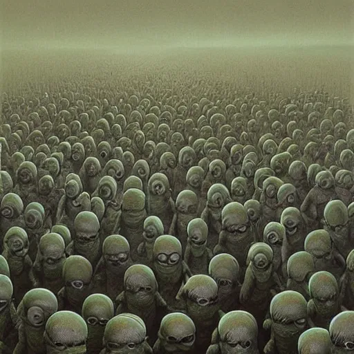 Prompt: an army of Minions by Zdzislaw Beksinski
