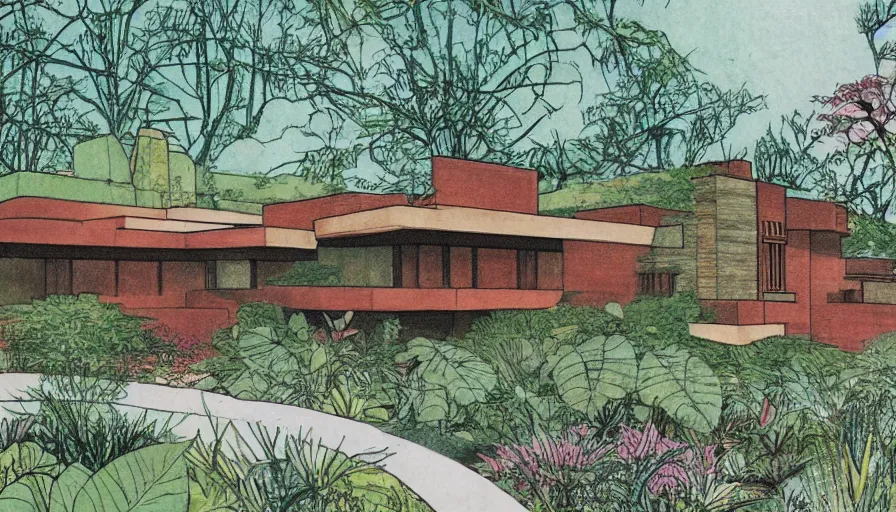 Image similar to frank lloyd wright house as a botanical illustration