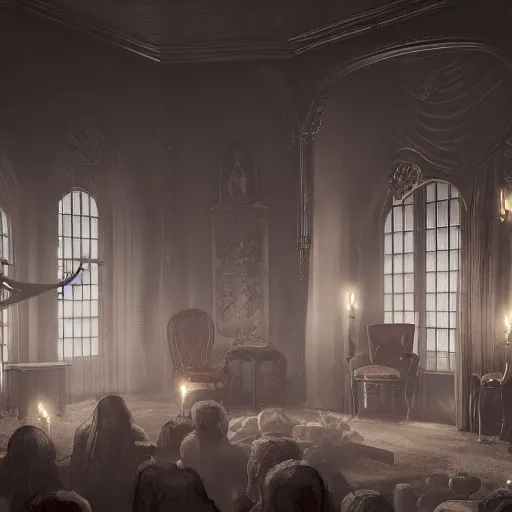 Image similar to A room full of people, vampires, high ceiling, victorian, dracula, soft light, ominous, photorealistic, detailed, 8k