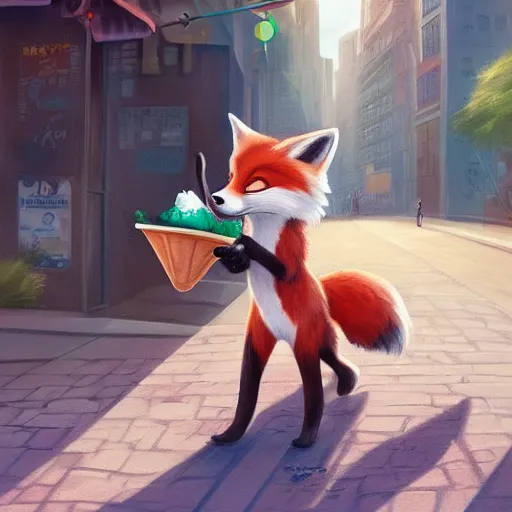 Image similar to furry art of male fox walking down the street holding an icecream, digital art, artstation, 4K, detailed, zootopia,