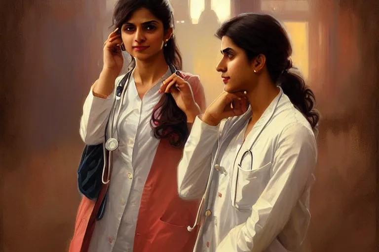 Image similar to Anxious good looking pale young Indian doctors wearing American clothes at the airport, portrait, elegant, intricate, digital painting, artstation, concept art, smooth, sharp focus, illustration, art by artgerm and greg rutkowski and alphonse mucha