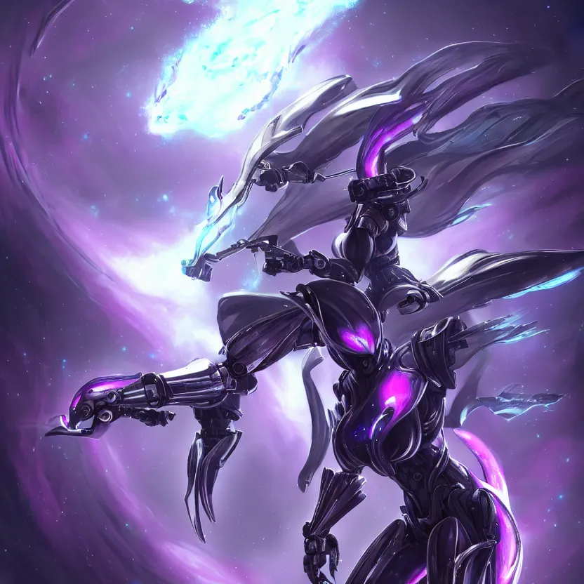 Image similar to cinematic front shot, cosmic sized proportional stunning beautiful hot female warframe, detailed robot mecha female dragon head, metal ears purple eyes, sleek silver armor, fuschia skin, floating in empty space, nebula sized, posing elegantly, epic proportions, epic size, epic scale, furry art, dragon art, giantess art, warframe fanart, furaffinity, deviantart