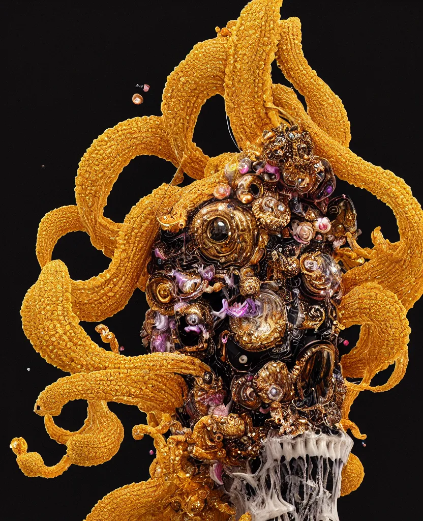 Image similar to fully black background. background hex 000000. goddess princess face close-up portrait ram skull. sculpture made of gold and decorated with brilliants. jellyfish phoenix head, nautilus, orchid, skull, betta fish, bioluminiscent creatures, intricate artwork by Tooth Wu and wlop and beeple. octane render, trending on artstation, greg rutkowski very coherent symmetrical artwork. cinematic, hyper realism, high detail, octane render, 8k