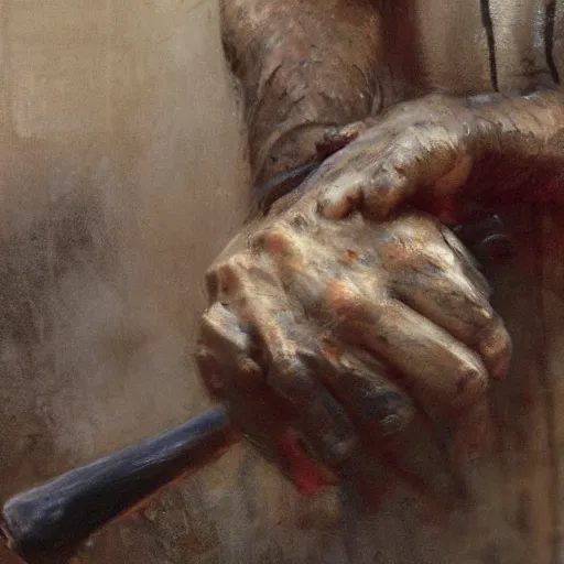Image similar to weathered hands griping an aged baseball, by jeremy mann, anders zorn, greg rutkowski.