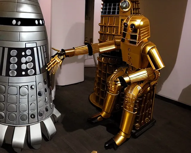 Prompt: C-3P0 attacked by a Dalek