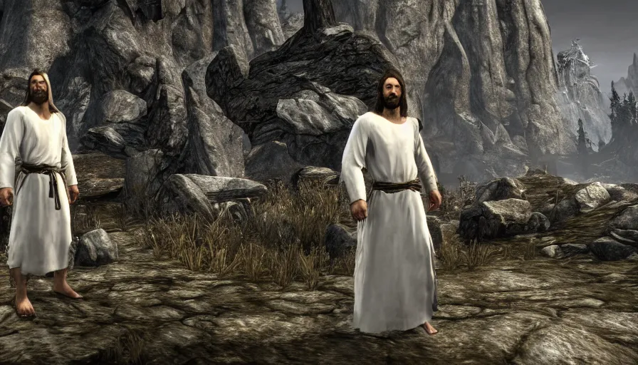 Image similar to skyrim character screenshot of jesus christ wearing a white robe, enb, 4 k, bokeh, beautiful, detailed