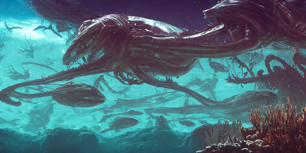 Prompt: alien underwater ecosystem, landscape, Christian Cline, Alex Ries, digital art