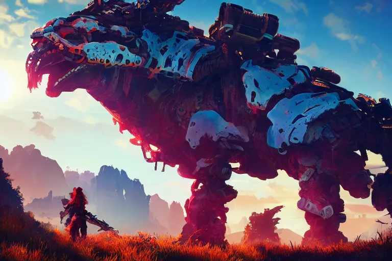 Prompt: scorcher machine creature robot of horizon forbidden west horizon zero dawn radiating a glowing aura global illumination ray tracing hdr fanart arstation by ian pesty and alena aenami artworks in 4 k