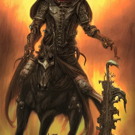 Prompt: a necromancer hooded rat riding a horse, doom, horror scenery, by Keith Thompson