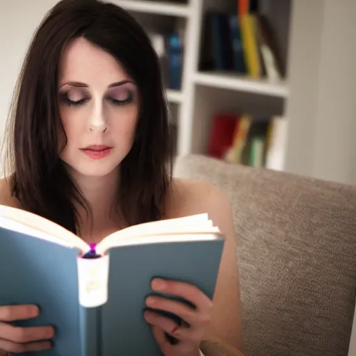 Image similar to Scottish woman with dark hair and pale skin reading a book