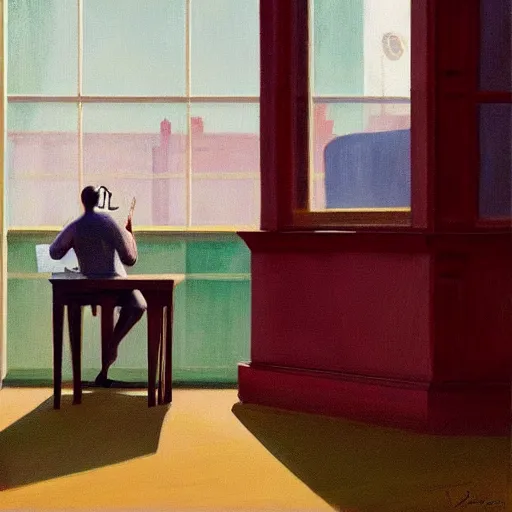 Image similar to A fine art painting of a man wearing Vr goggles at a desk through a window on a British street. In the style of Edward Hopper and Wes Anderson