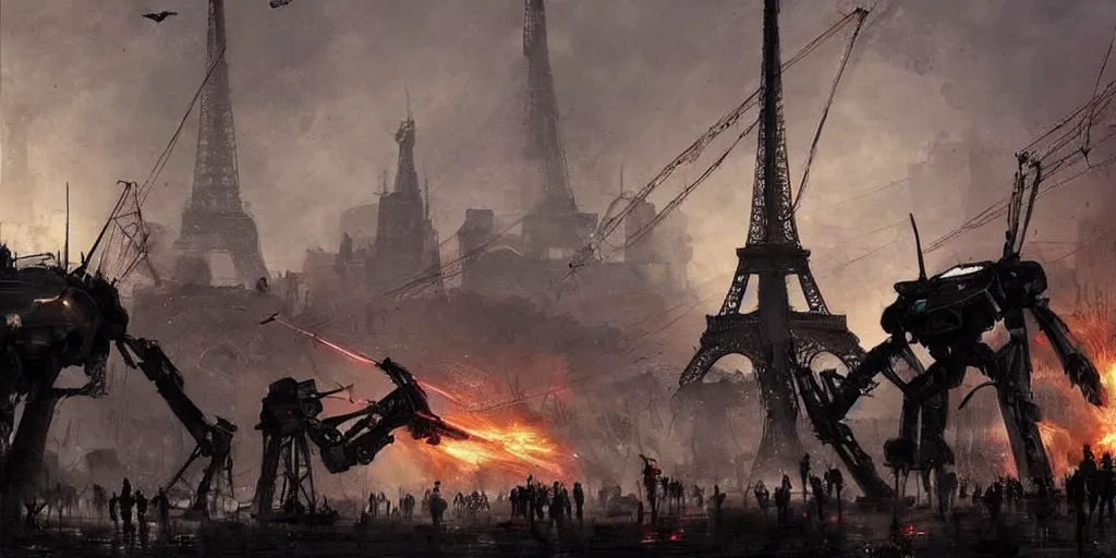 Prompt: war of the worlds, giant mech attack paris, human soldiers, eiffel tower! intense fighting, glowing lights!! digital painting, very detailed, art by jakub rozalski