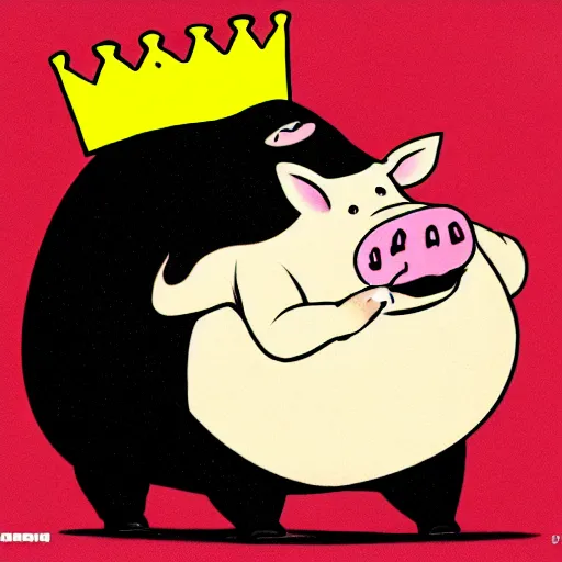 Image similar to comic art of a obese pig in a black tshirt wearing a crown eating snacks, drawn by Bruce MacKinnon, vivid color, cgsociety 4K