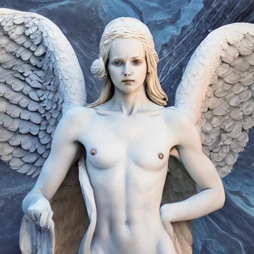 Image similar to a marble statue, of an beautiful angel girl, perfect symmetrical body, perfect symmetrical face, hyper realistic, hyper detailed, fujicolor superia 1 6 0 0 photo, by peter kemp