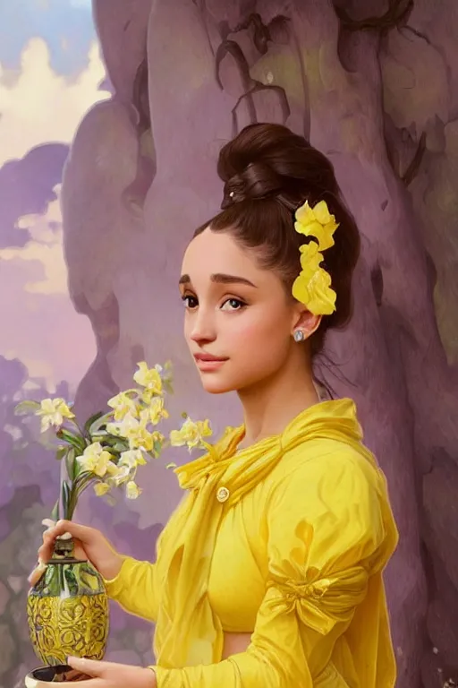 Image similar to beautiful cottagecore Ariana Grande holding a yellow colored vase. intricate, elegant. the background is yellow with voumetric lighting !. highly detailed, digital painting, artstation, concept art, smooth, sharp, focus, illustration. . art by artgerm and greg rutkowski and alphonse mucha