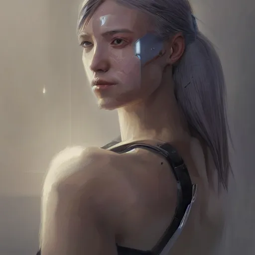 Image similar to portrait of a female cyborg by greg rutkowski, she is about 3 0 years old, korean, pale, white bob hair, she is wearing a black tank top, highly detailed portrait, digital painting, artstation, concept art, smooth, sharp foccus ilustration, artstation hq