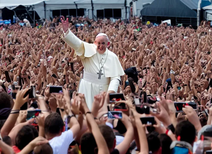 Image similar to photo still of pope francis at the vans warped tour!!!!!!!! at age 3 6 years old 3 6 years of age!!!!!!!! stage diving into the crowd, 8 k, 8 5 mm f 1. 8, studio lighting, rim light, right side key light